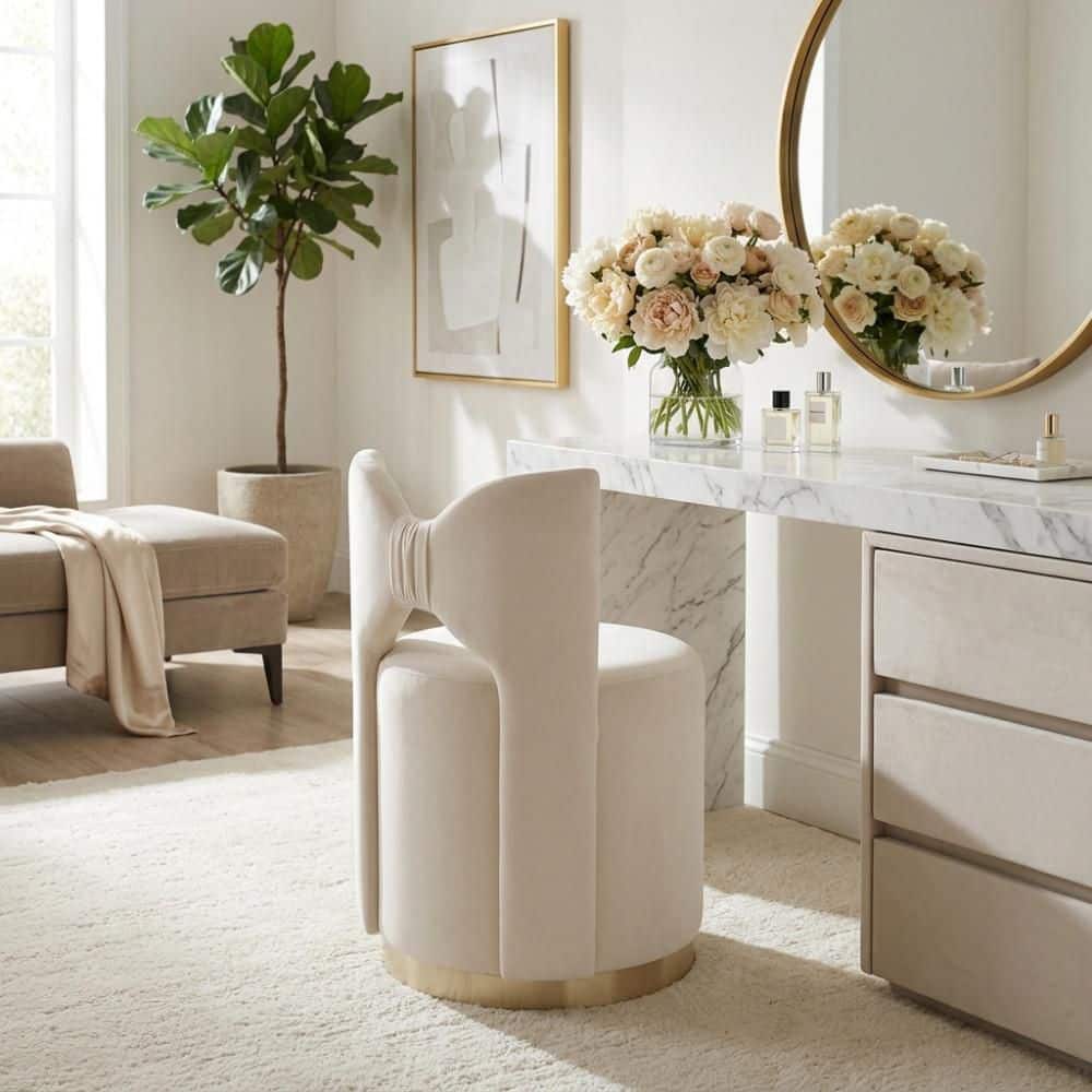 Liv & Skye Ivory Velvet Round 28.25 in. Bow Back Stool with Wood and ...