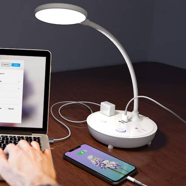 12in. White Dimmable LED Desk Lamp with USB Port and Adjustable Lamp Head, 3 Level Brightness, Eye-Caring