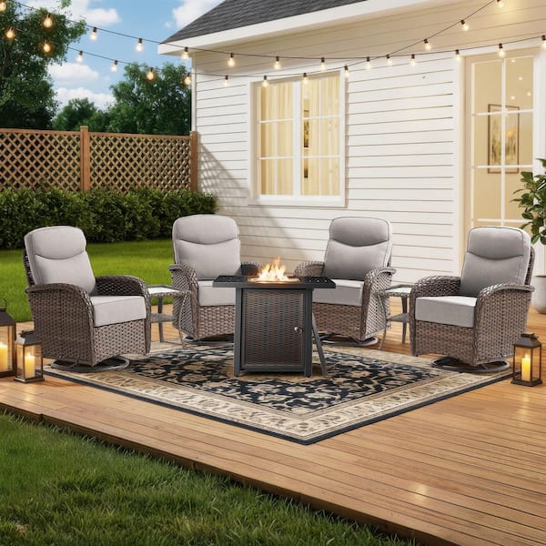 moosprr Moonridge 7-Piece Brown Wicker Fire Pit Conversation Set with 6 ...