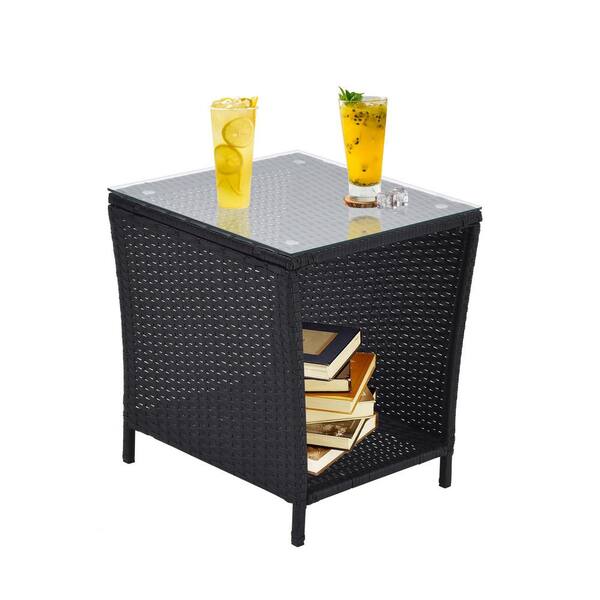 Flynama PE Rattan Wicker Outdoor Square Side Coffee Table with Storage Shelf in Black