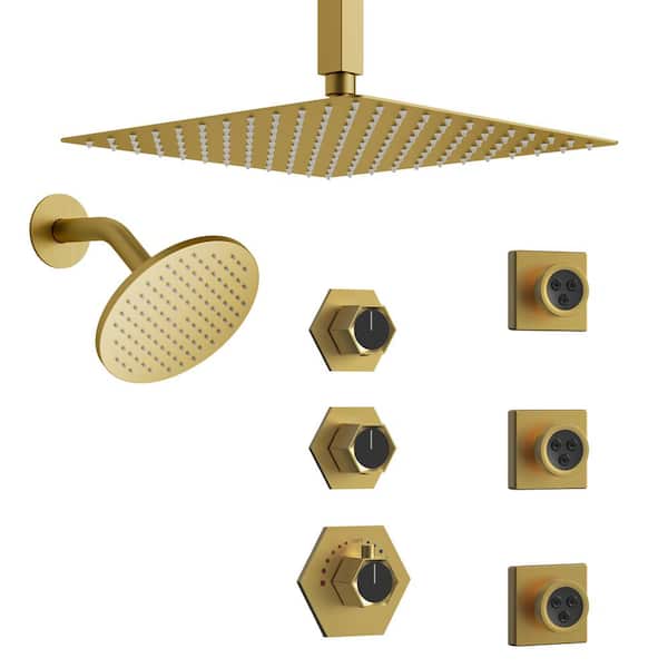 YAWWALK Thermostatic 5-Spray 12 and 6 in. Dual Shower Heads Ceiling Mount Fixed and Handheld Shower Head in Brushed Gold
