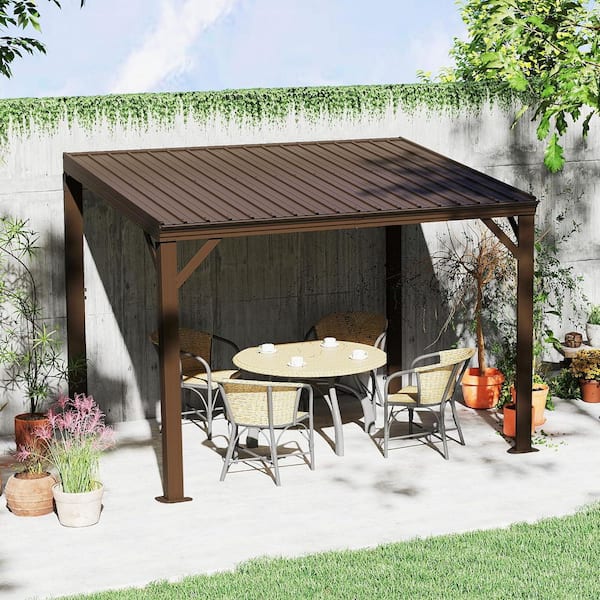 8 ft. x 10 ft. Brown Hardtop Lean to Gazebo Pergola with Built in Drainage System, Galvanized Steel Roof