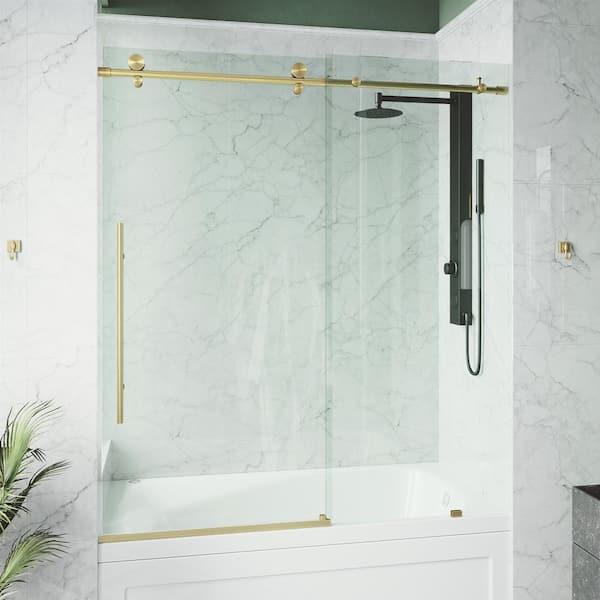 Elan E-Class 56 to 60 in. W x 66 in. H Sliding Frameless Tub Door in Matte Gold with 3/8 in. (10mm) Clear Glass