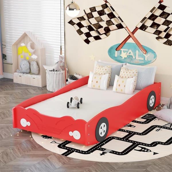 Harper & Bright Designs Modern Red Twin Car-Shaped Platform Bed