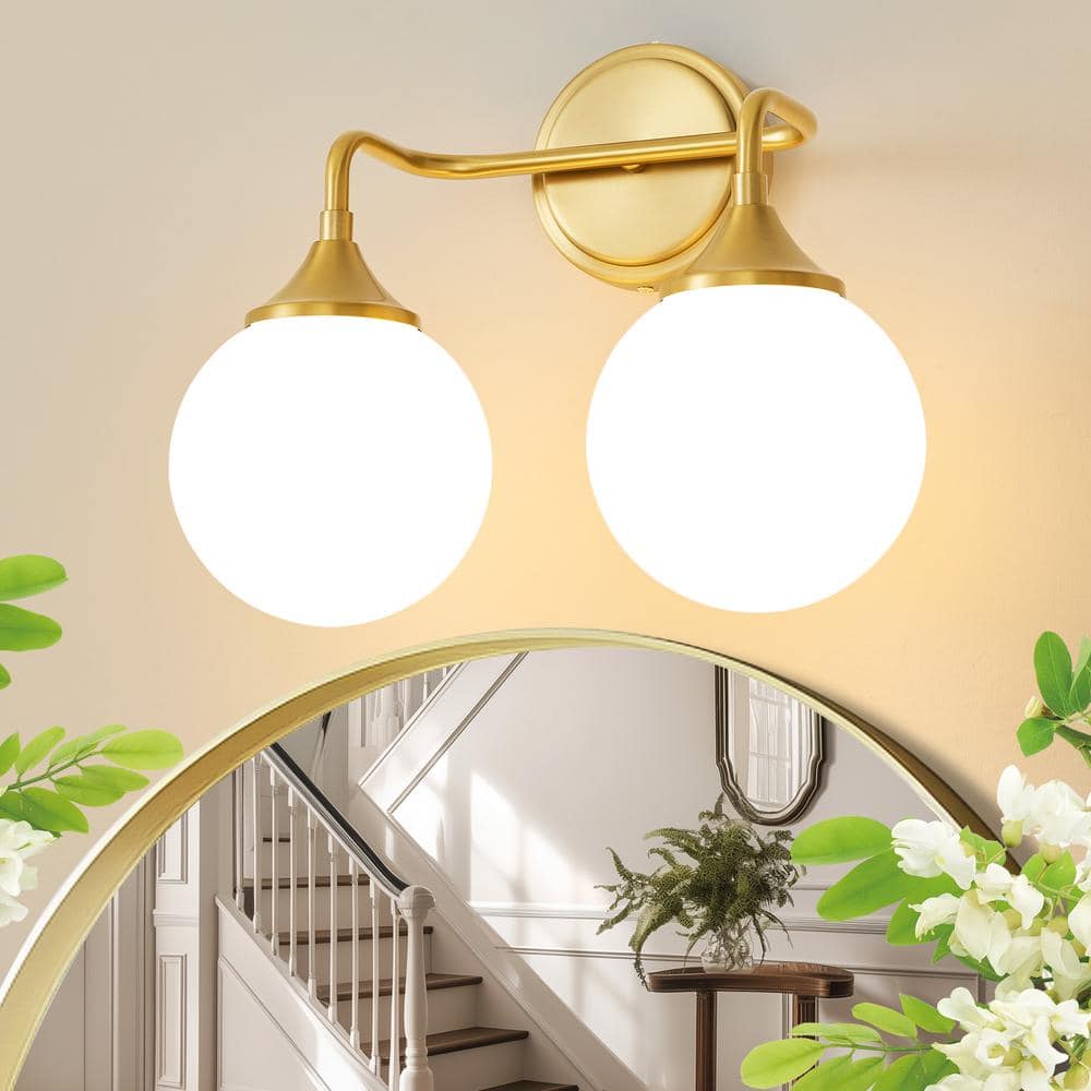 14.17" Gold Vanity Light with White Glass Globe Shades