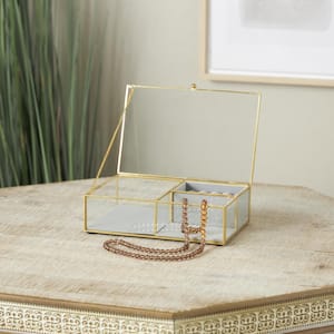 Clear Glass Jewelry Box with Gold Metal Frame and Gray Fabric Interior with Ring Slots