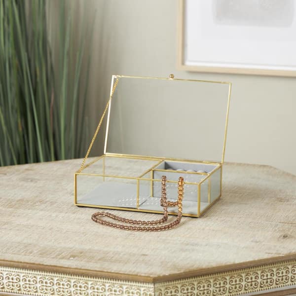 Litton Lane Clear Glass Jewelry Box with Gold Metal Frame and Gray Fabric Interior with Ring Slots
