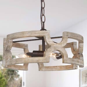 Brown Drum Chandelier, Distressed Wood Pendant Light 3-Light Farmhouse Cage Chandelier for Foyer with Rusty Metal Chain