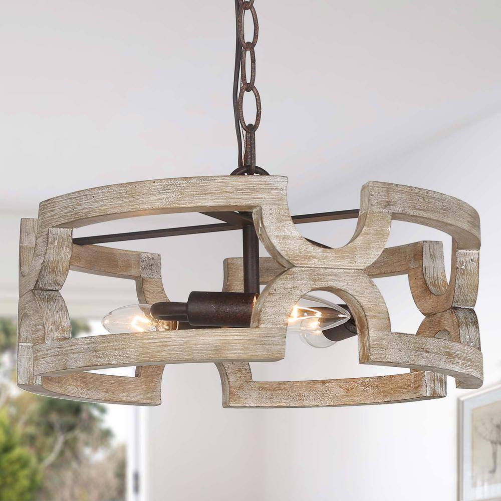 LNC Modern Farmhouse 14 In. Bronze Wood Drum Chandelier 3-Light Rust ...