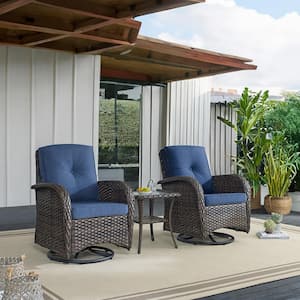 Brown 3-Piece Wicker Patio Conversation Set with Blue Cushions and Coffee Table All-Weather Swivel Rocking Chairs