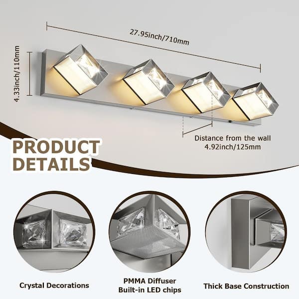 JUSHENG 27.95 in. Nickle 4-Light Dimmable Crystal Bathroom Vanity