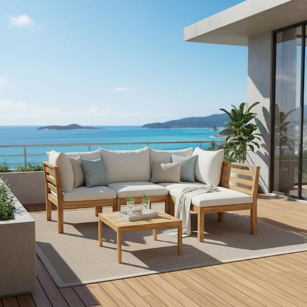 4-Piece Acacia Wood Outdoor Patio Conversation Deep Seating set with White Cushions