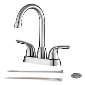 4 in. Centerset Double-Handle High Arc Bathroom Faucet with Drain Kit Included Brass Sink Faucets in Brushed Nickel