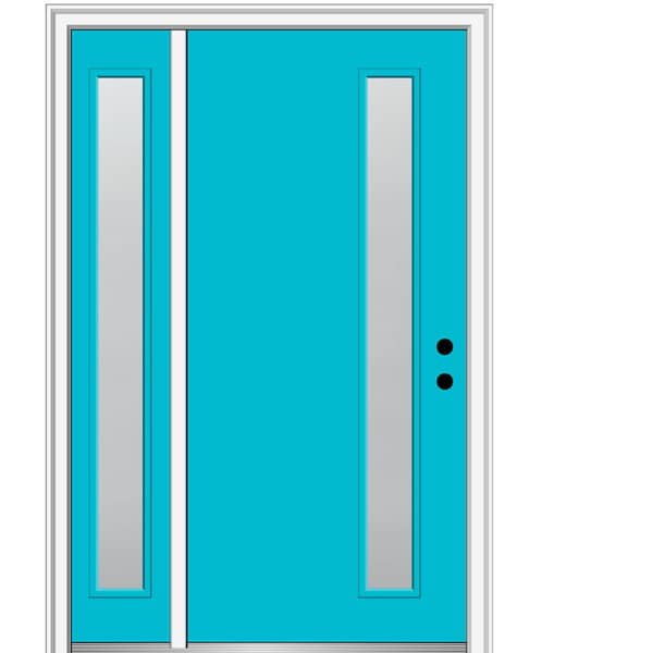 MMI DOOR 51 in. x 81.75 in. Viola Frosted Glass Left-Hand 1-Lite Modern Painted Fiberglass Smooth Prehung Front Door w/ Sidelite