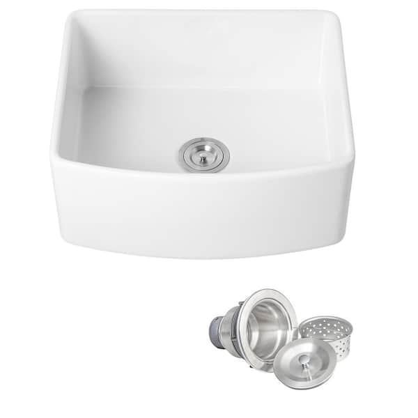 White Fireclay 24 in. Single Bowl Apron-Front Kitchen Sink with Basket Strainer