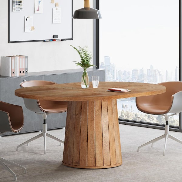 BYBLIGHT Capen 55 in. Oval Light Brown Wood Computer Desk Conference Table with Sturdy Base