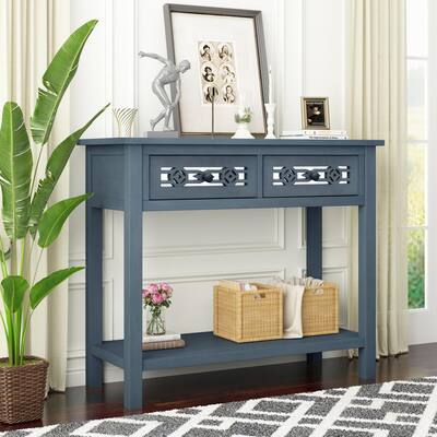 Classic 35.4 in. Navy Rectangle Pine Console Table with Hollow-out Decoration, 2 Top Drawers and Open Shelf