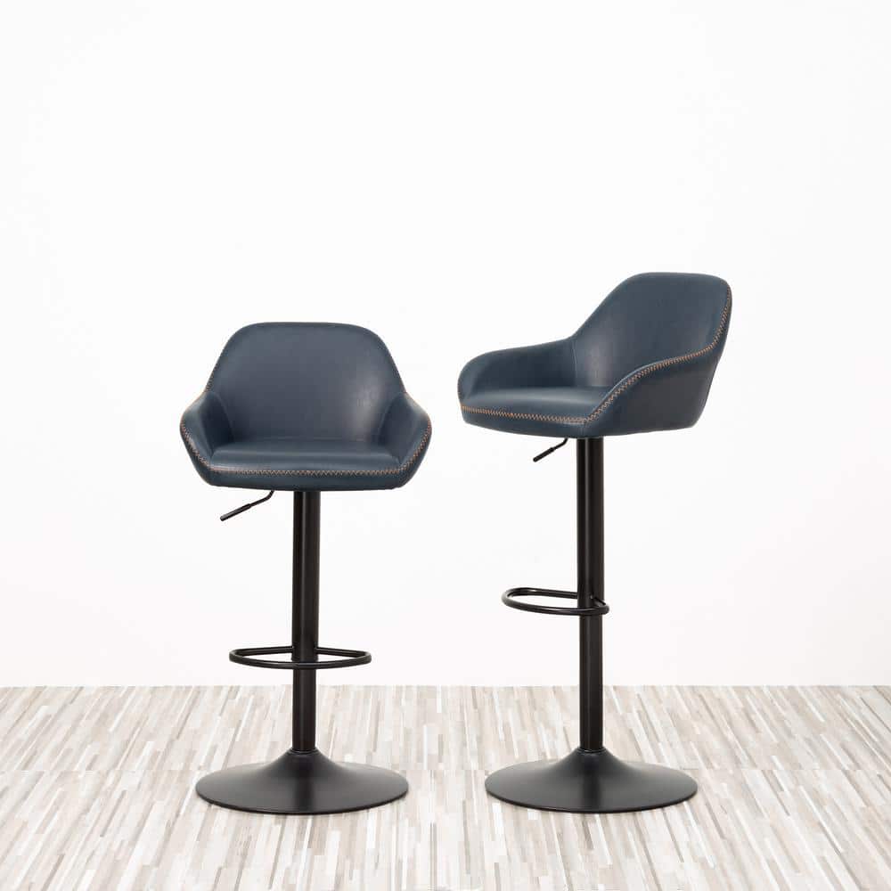 Navy Blue Faux Leather Adjustable Swivel Bar Stool Set