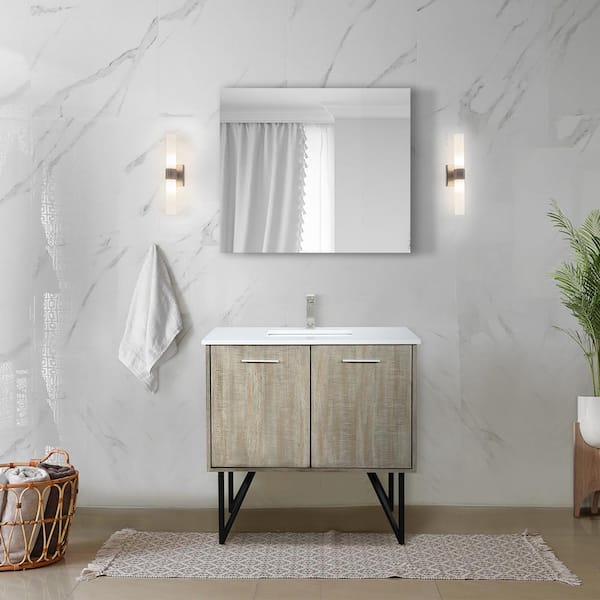 Lancy 36 in W x 20 in D Rustic Acacia Bath Vanity, White Quartz Top and 28 in Mirror