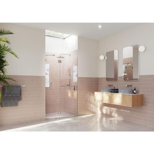 Mimas 55 in. W x 78 in. H Glass Hinged Frameless Towel Bar Shower Door in Chrome with Clear Glass