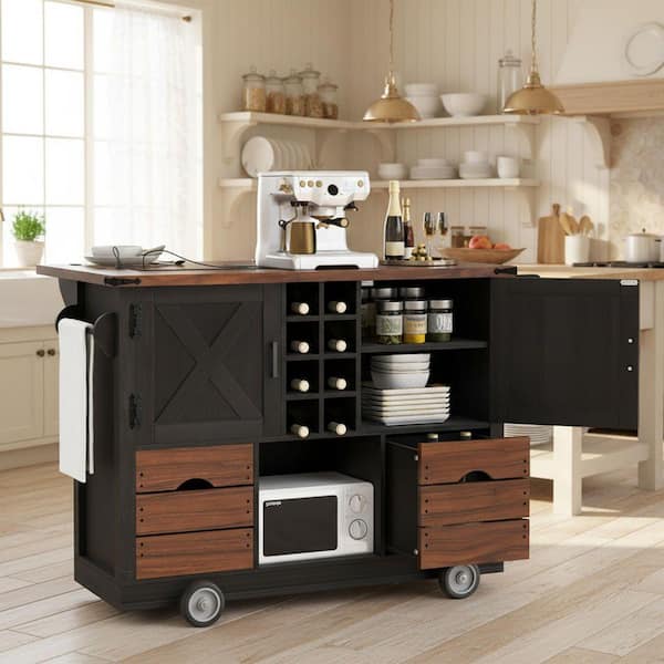Dark Black Wood 54 in. Farmhouse Rolling Kitchen Island with Drop Leaf, Power Outlet, 2 Drawers and Spice Rack