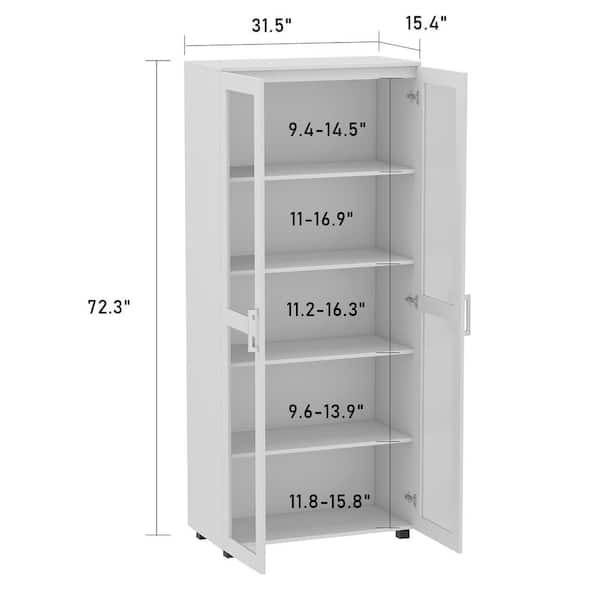 72 in. White Tall Storage Cabinet with Glass Doors and Adjustable