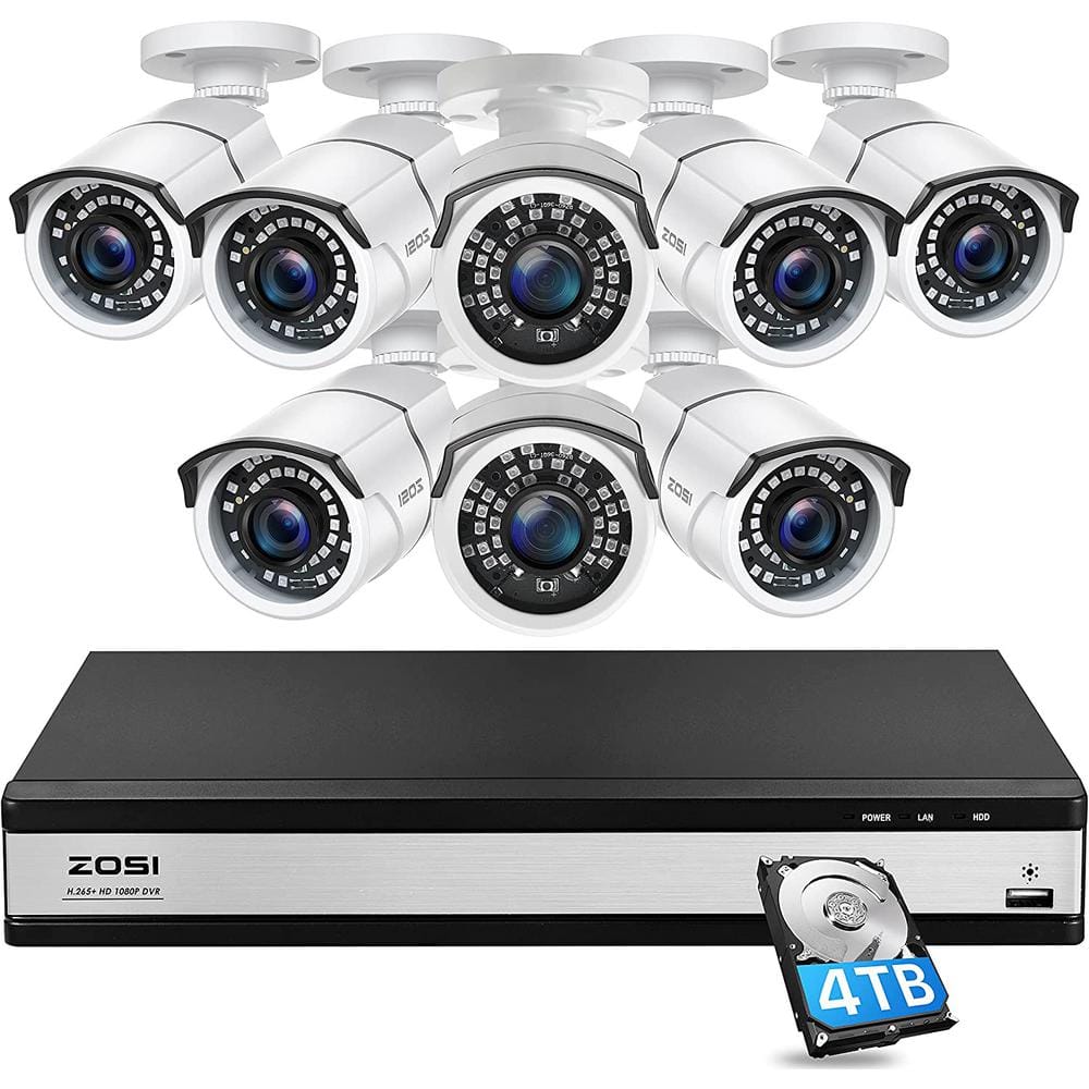 ZOSI H.265+ 16-Channel 1080p 4TB DVR Smart Security Camera System with 8 Wired Bullet Cameras, White -  16CK-261W8S-40