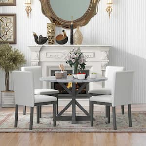 5-Piece Round White and Gray Wood Dining Set with Marble Sticker and Pedestal Dining Table, 4 Upholstered Chairs