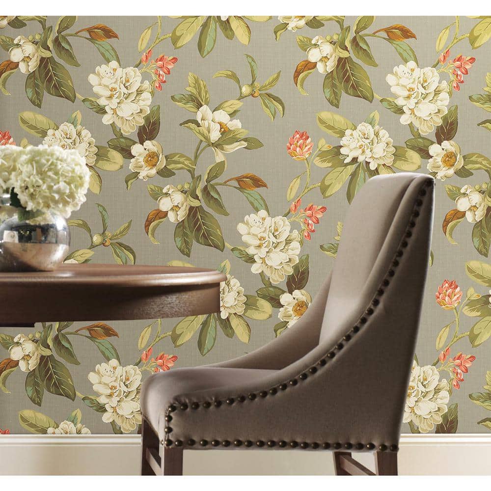 Taupe and Green Floral Peel and Stick Wallpaper Roll