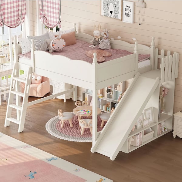 Beige Queen Loft Bed with Storage Shelves and Wardrobe,Detachable Slide and Ladders