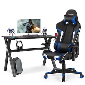 48.5 in. X-Shaped Black Gaming Desk and Black+Blue Racing Style Massage Chair Set Home Office
