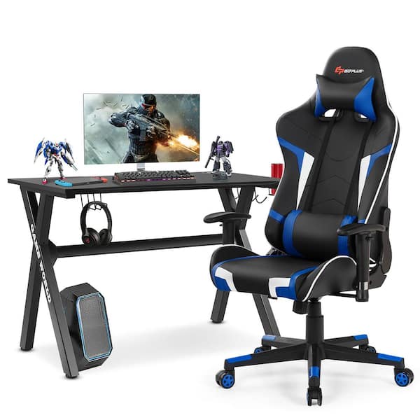Costway 48.5 in. X-Shaped Black Gaming Desk and Black+Blue Racing Style Massage Chair Set Home Office