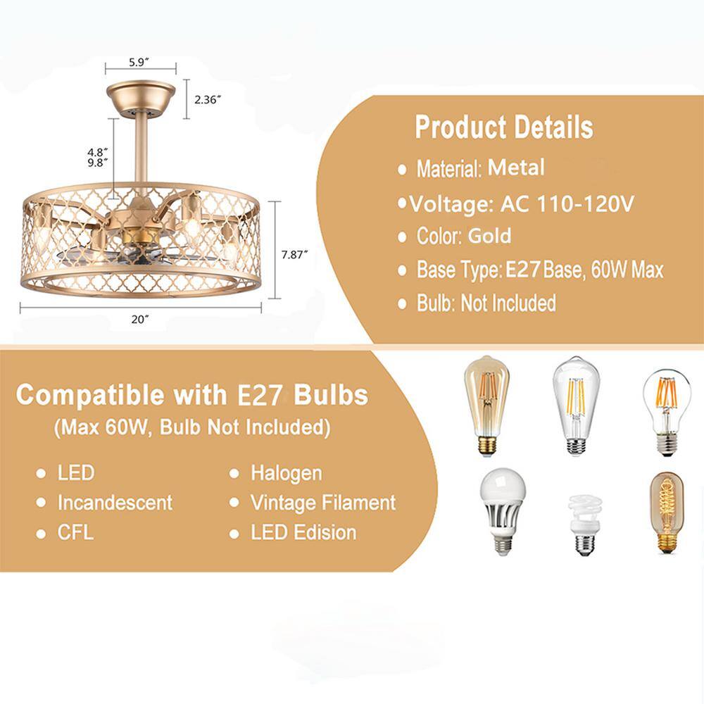 20-Inch Gold Metal Caged Ceiling Fan with Remote and Lighting