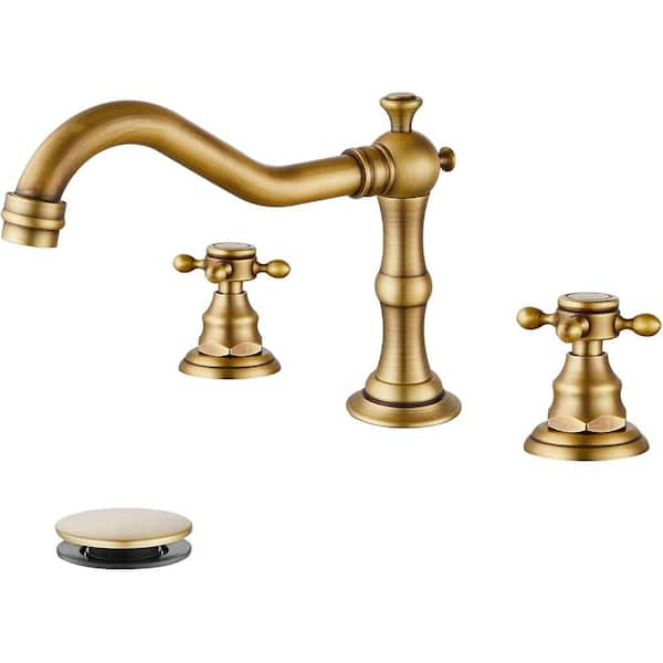 Double Cross Handles 3-Hole Widespread Vessel Sink Faucet with Pop-Up Drain Antique Brass