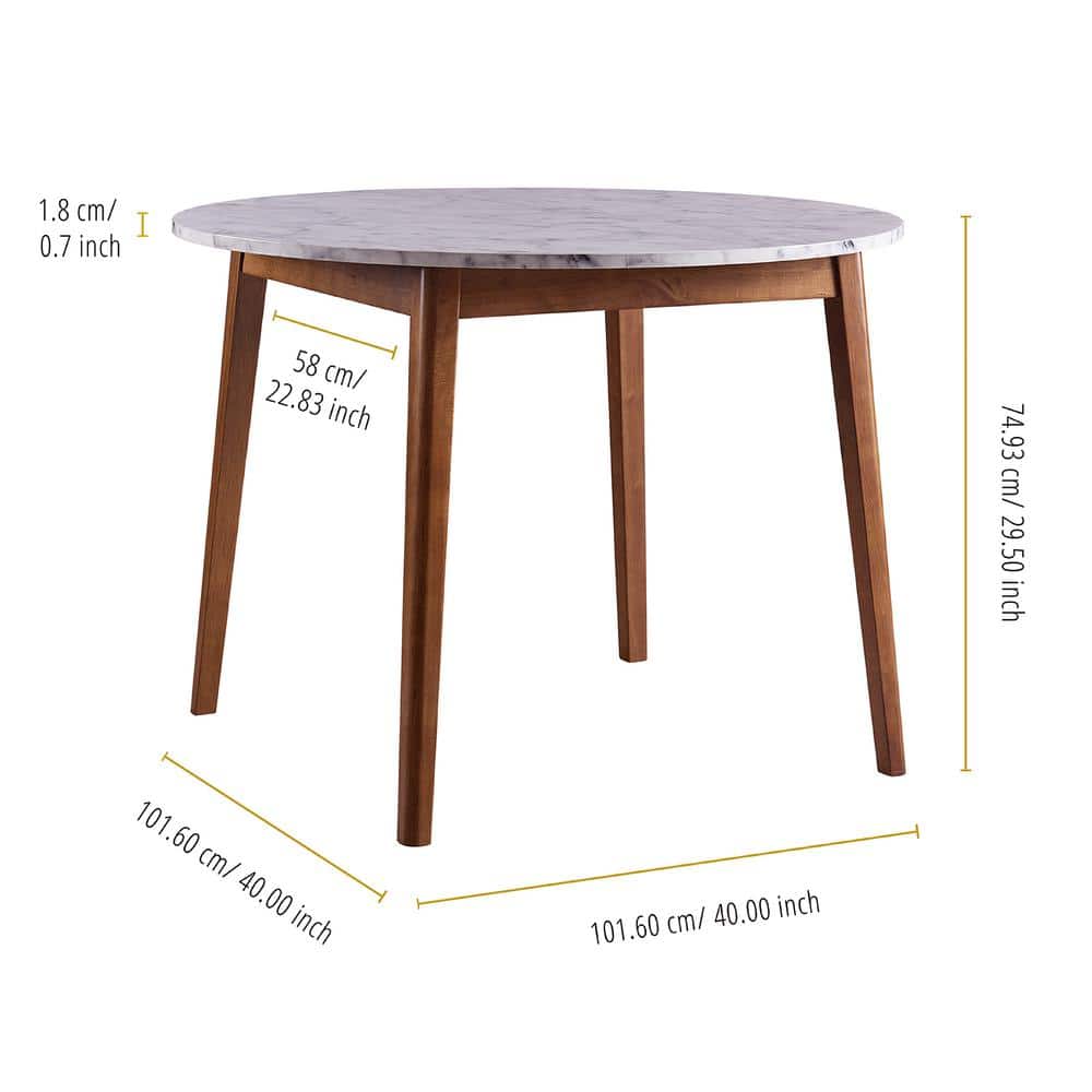 Ashton 40" Round White Faux Marble Dining Table with Walnut Base