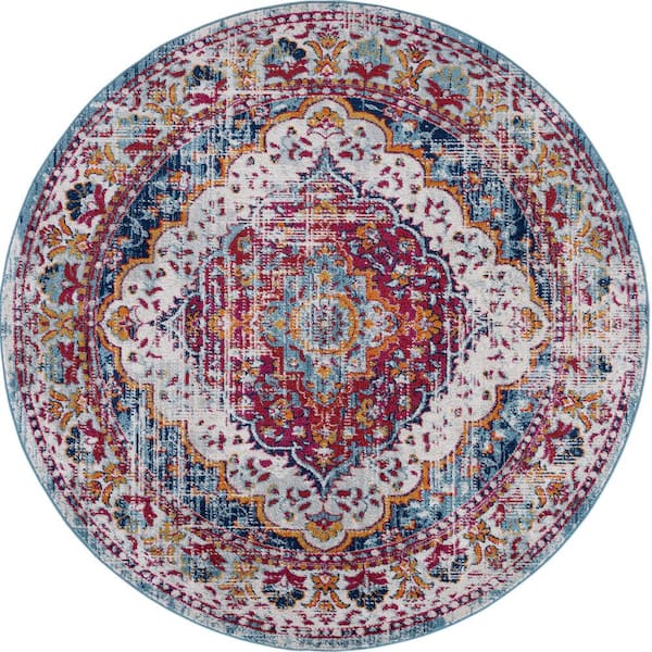 Tayse Rugs Diamond Medallion Red 8 ft. Round Indoor Area Rug