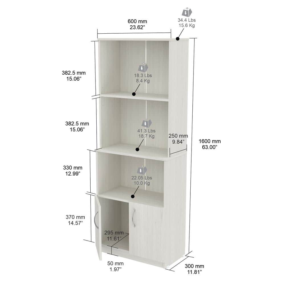 White Oak Adjustable Bookshelf with Cabinet and Metal Handles
