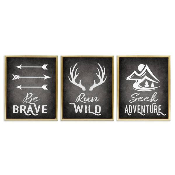 Stupell Industries Rustic Adventure Phrases by Ashley Calhoun 3 Pieces Gold Floater Frame Typography Graphic Art Print 31 in. x 25 in.