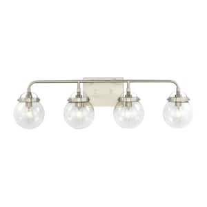 Bryce 30 in. 4-Light Brushed Nickel Modern Industrial Bathroom Vanity Light with Clear Round Globe Glass Shades