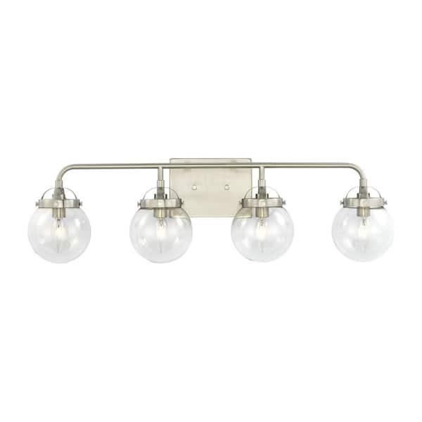 Generation Lighting Bryce 30 in. 4-Light Brushed Nickel Modern Industrial Bathroom Vanity Light with Clear Round Globe Glass Shades