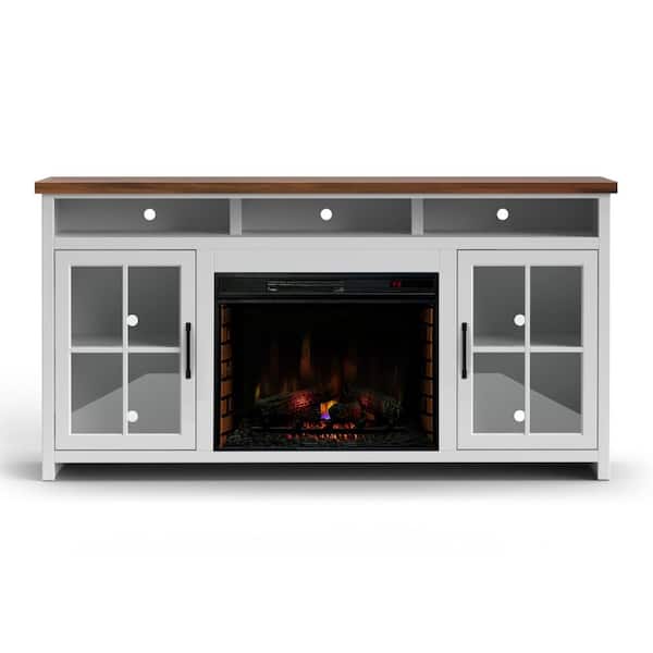 74 in. Freestanding Fireplace TV Stand with 28 in. Electric Fireplace insert, Heats 400 Sq Ft, Remote, Storage in White