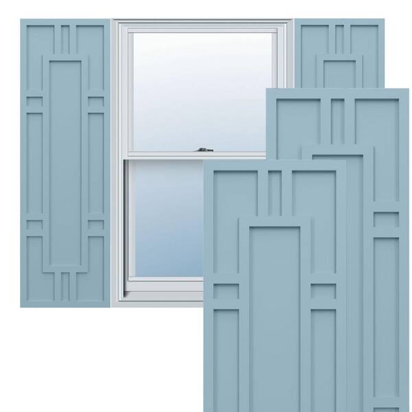 Ekena Millwork True Fit PVC 18 in. W x 32 in. H Raised Panel Vinyl Shutters Pair in Peaceful Blue