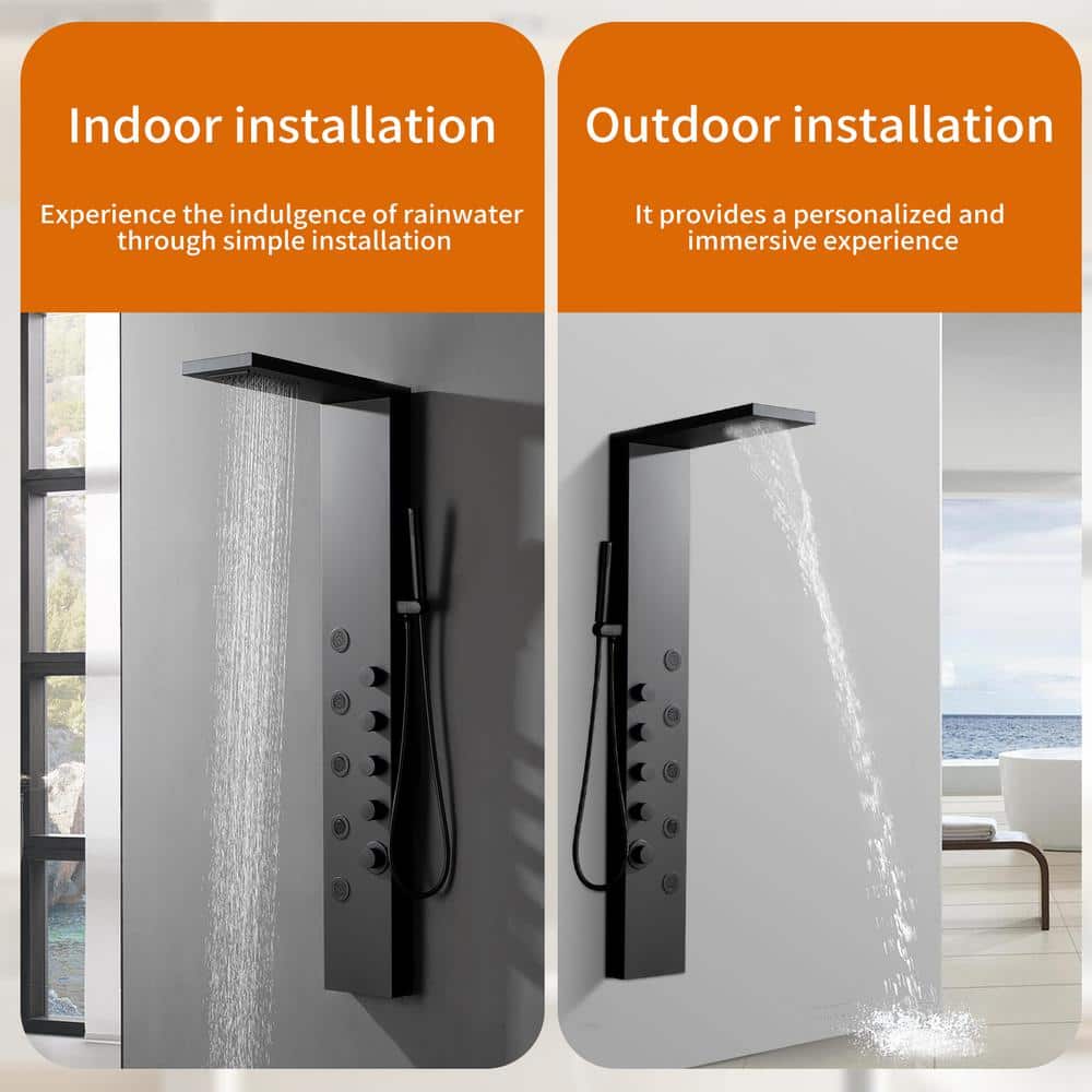 Matte Black 52'' Shower Panel System with Rainfall and Waterfall Shower Head