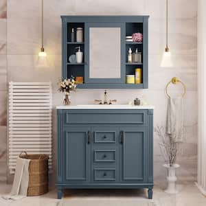 36 in. W x 18 in. D x 34 in. H Single Sink Freestanding Bath Vanity in Blue with White Top and Mirror Cabinet