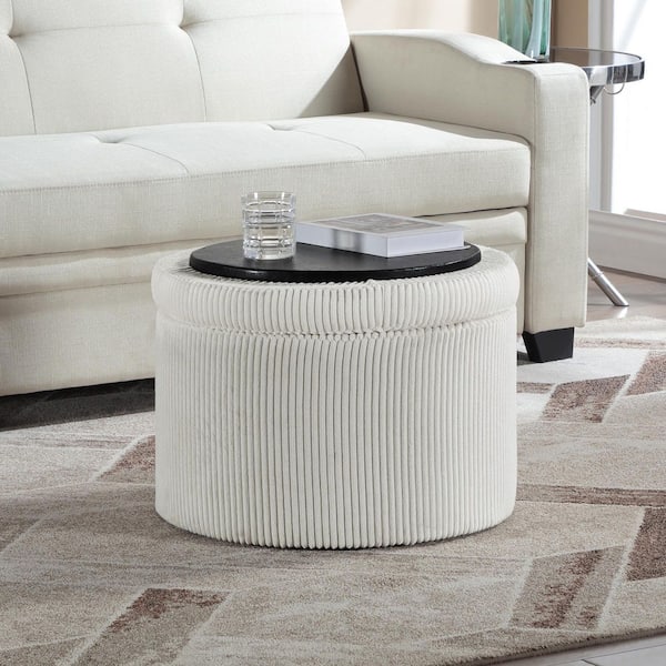 Convenience Concepts Designs 4 Comfort Ivory Polyester Corduroy Round Shoe Storage Ottoman with Reversible Tray Lid