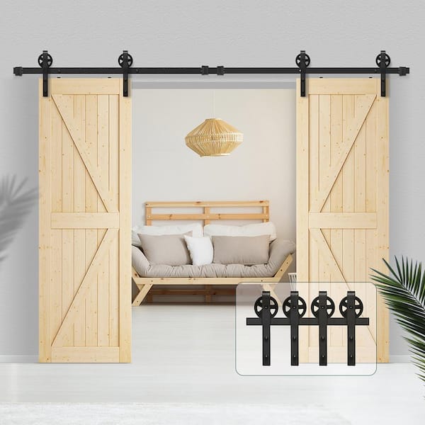 8 ft./96 in. J-Shaped Sliding Double Barn Door Hardware Kit with Large Wheel Rollers