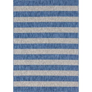 Outdoor Distressed Stripe Azure Blue 7 ft. x 10 ft. Area Rug