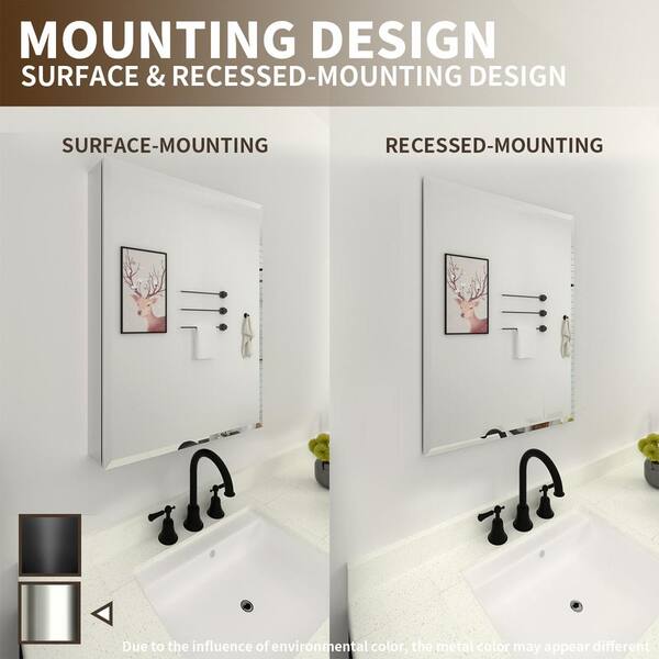FAMYYT 23 in. W x 30 in. H Rectangular Silver Aluminum Alloy Recessed/Surface Mount Medicine Cabinet with Mirror
