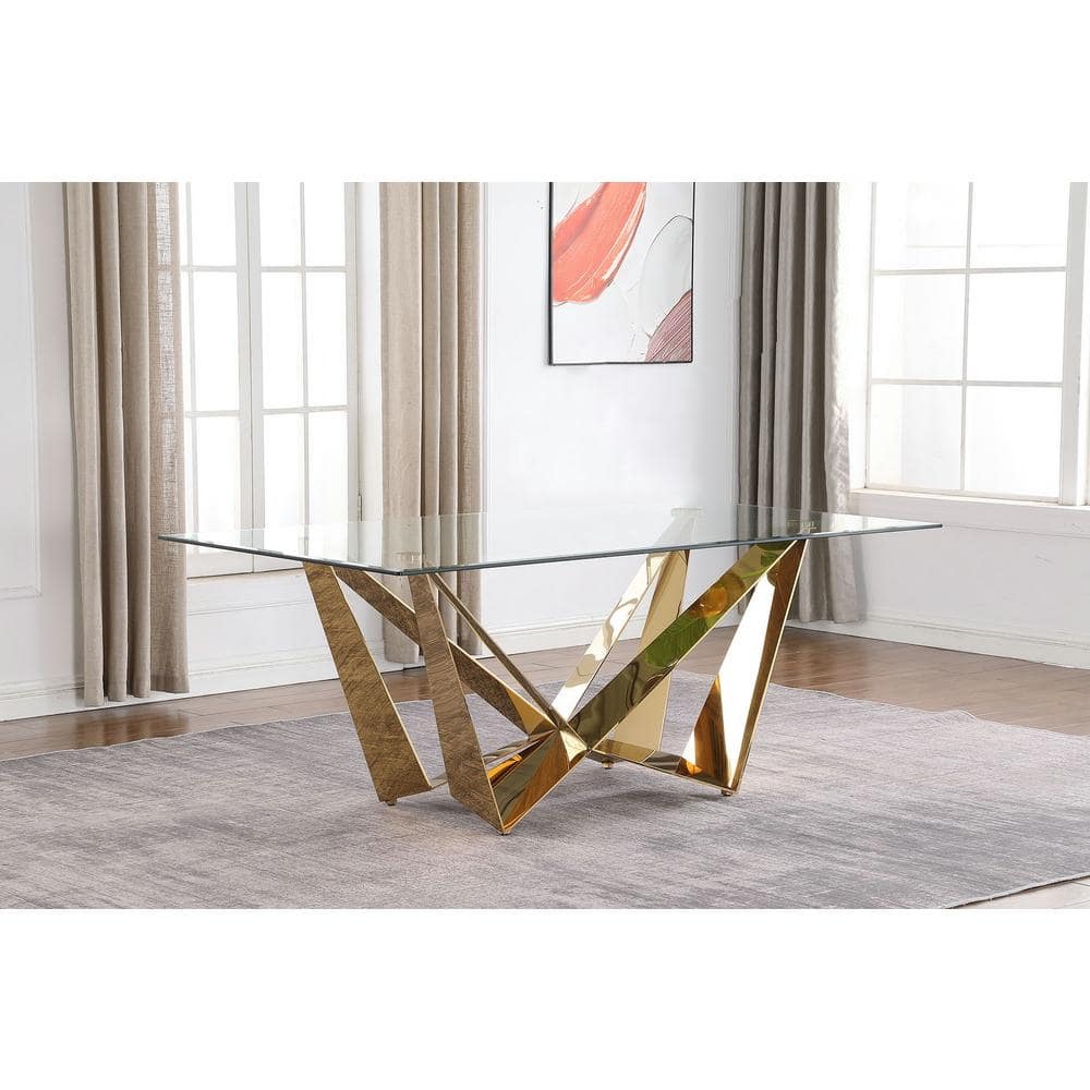 Clear Tempered Glass Dining Table with Gold Geometric Base