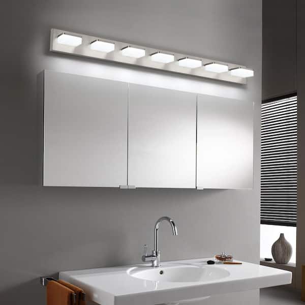 45.67 in. 7-Light Nickel LED Vanity Light with Dimmable 5500K Light and 270° Swivel Range Acrylic Lampshade